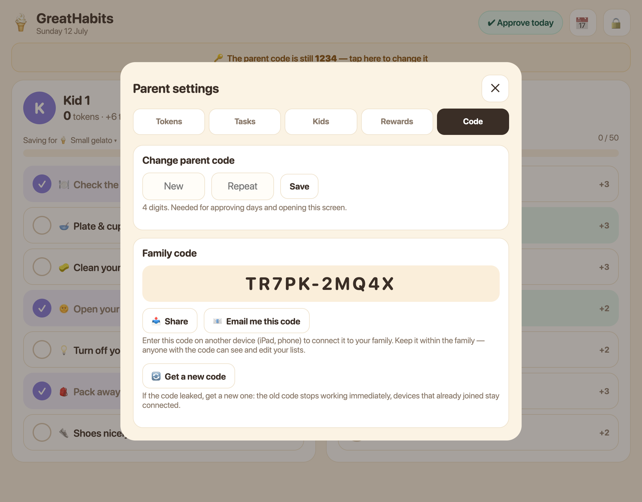 Code tab with parent code change and family code