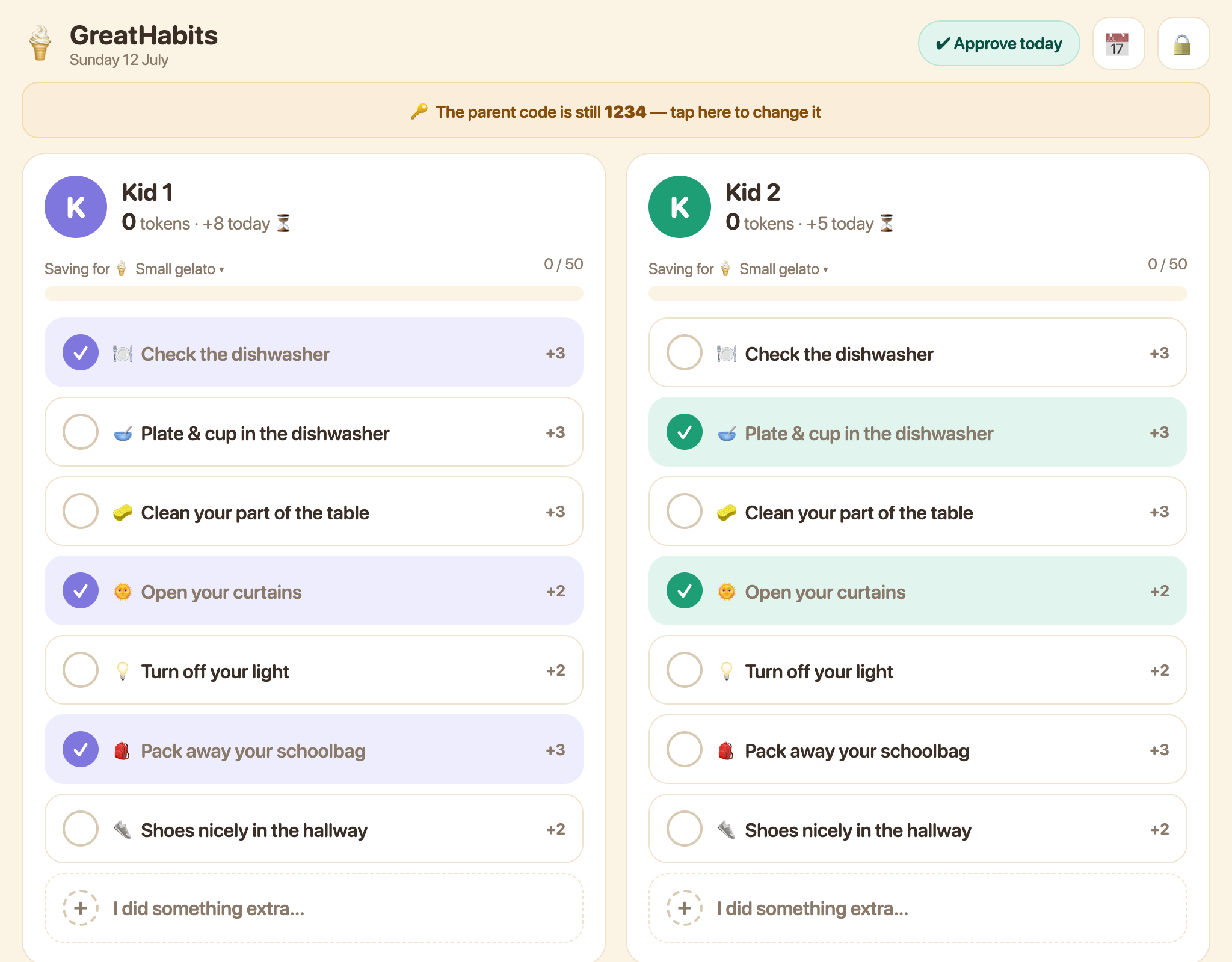 Main screen with two kid columns and tasks