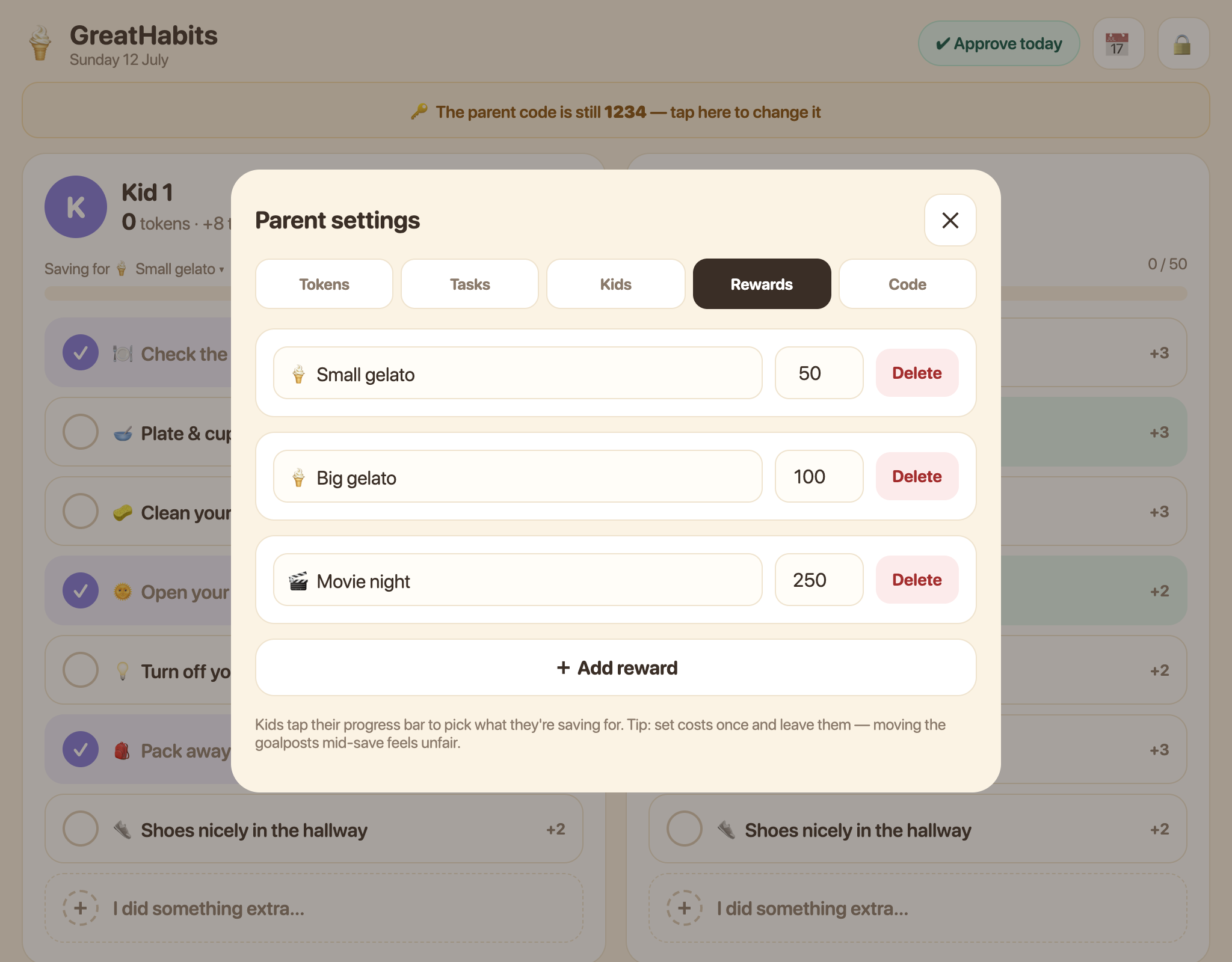 Rewards tab with names and token costs