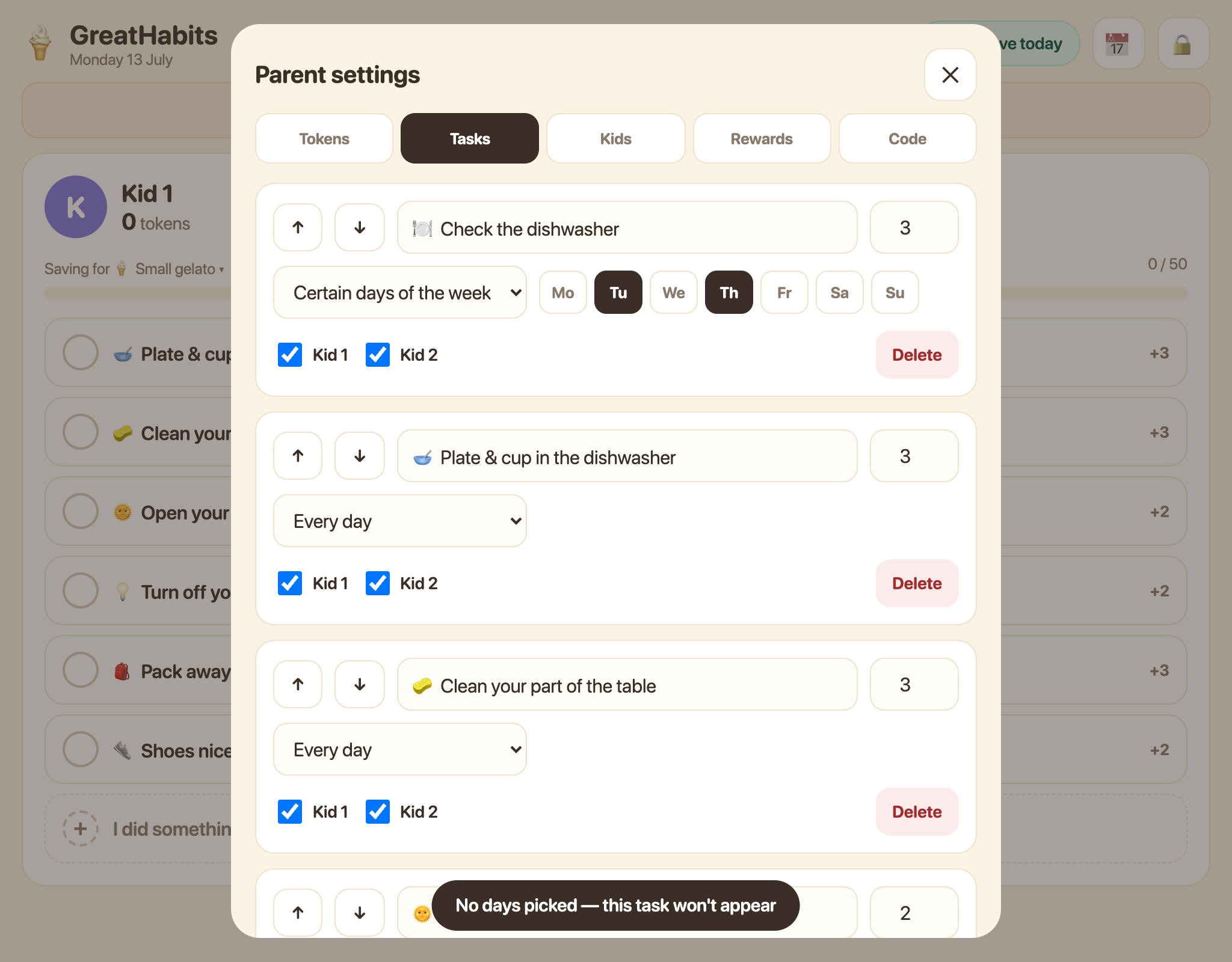 Tasks tab with schedule and per-kid checkboxes
