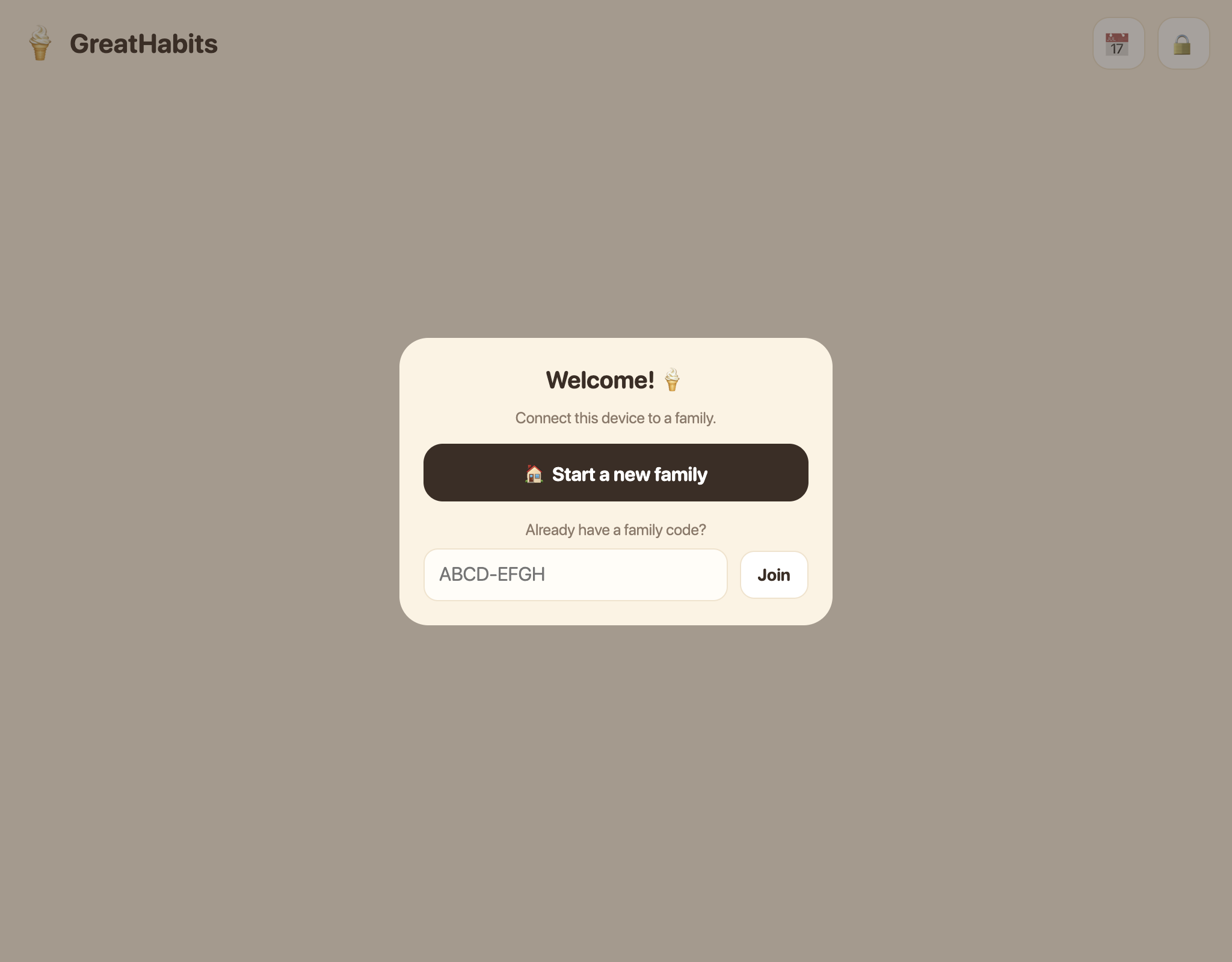 Welcome screen with Start a new family and Join buttons